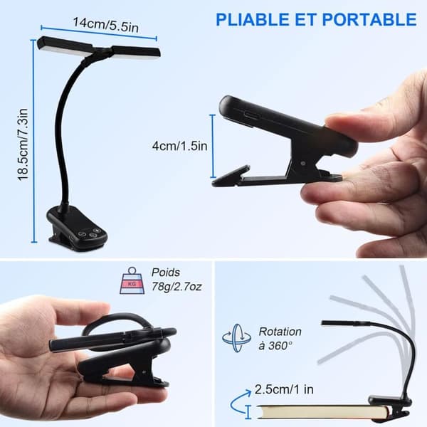 Leselampe med dobbelthode – USB oppladbar klips, 360° fleksibel, 3 farger, trinnløs dimming, opptil 80 timer for reise