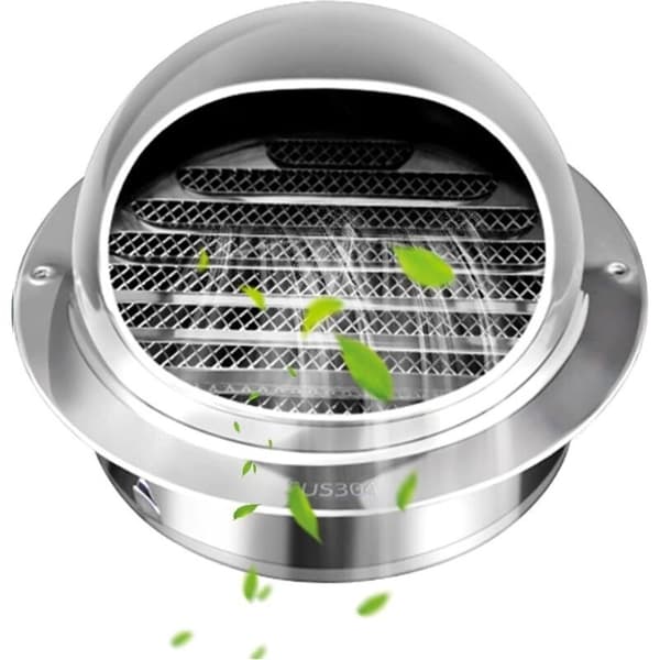 120 mm rund ventilationsrist i 304 rustfrit stål – Halvrullet hætte til vanddræning – Insektfrit net