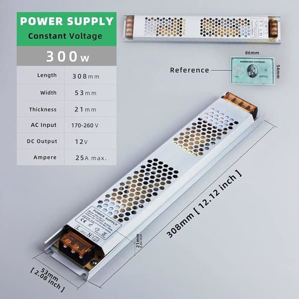 12V 25A 300W LED-transformator, AC til DC strømforsyning for lavspent LED-belysning