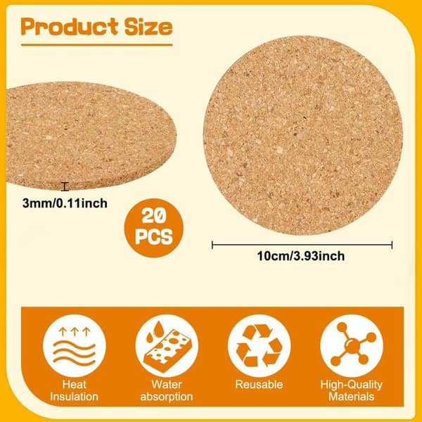 Sæt med 20 runde korkunderlag - 10 cm - Varmebestandige - Genanvendelige - Absorberende - Til drinks