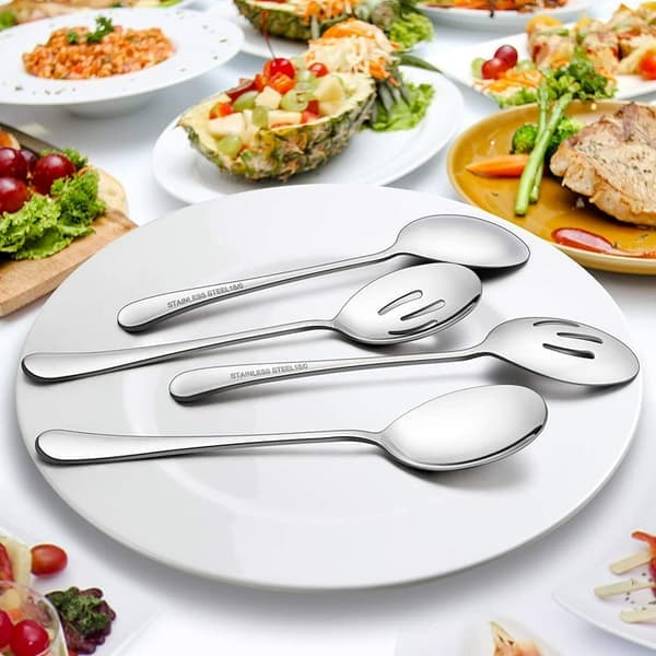 Serveringsbestiksæt – 2 store skeer, 2 hulskeer og 2 gafler – 24,9 cm rustfrit stål til buffet