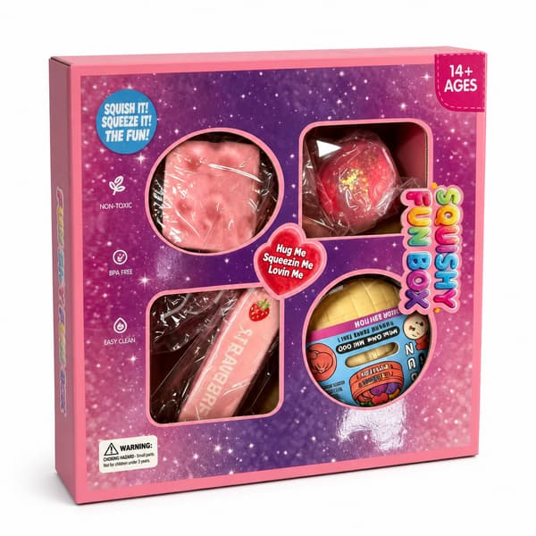 4-delt rosa Squishy Fun Box, assorterte dessert- og glitter-sensoriske stressavlastningsleker i vindusgaveeske