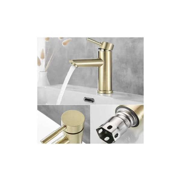 Blyfri mässingsblandare – Borstad guld – Keramisk ventil – 30 % vattenbesparing – Enkel 3/8\" installation