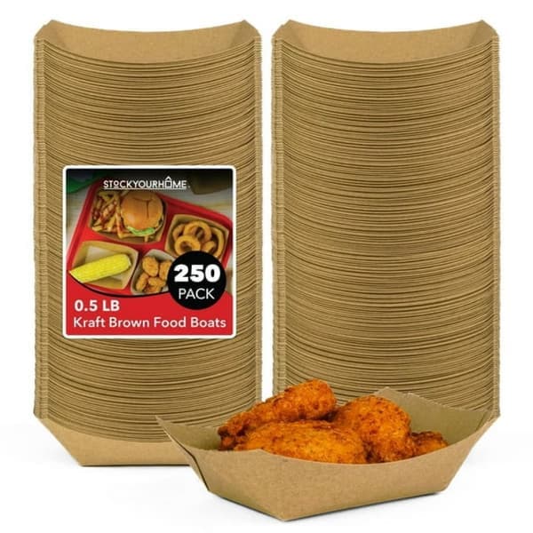 Takeaway serveringsbakker, fødevaregodkendt materiale, engangsbakker, 250-pak kraftpapir, madbåde, brune, robuste og holdbare, fedtafvisende