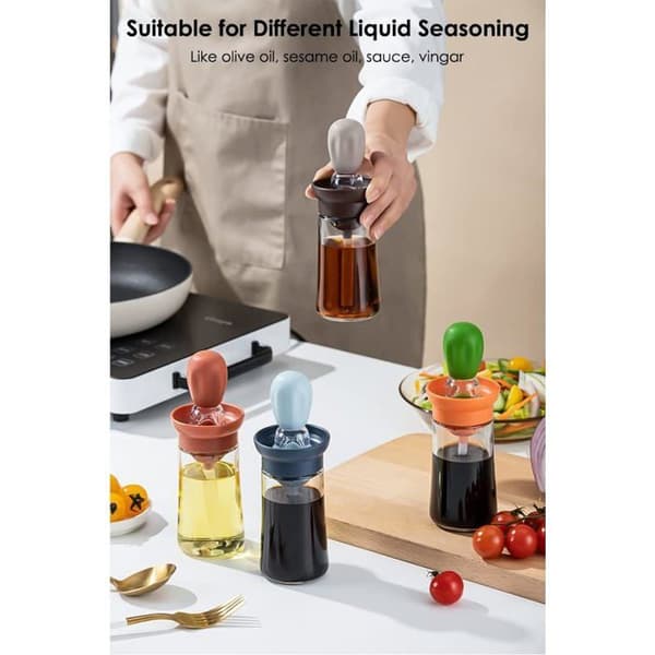 Sæt med 2 oliedispenserflasker med børste, 180 ml glas til madlavning, bagning og grill (orange + blå)