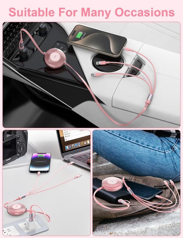 3-i-1 Multi-opladerkabel, indbygget iPhone-oplader, 100W hurtigopladning USB-C/A til Lightning/USB-C/Micro USB telefonopladerkabel Pink Pink