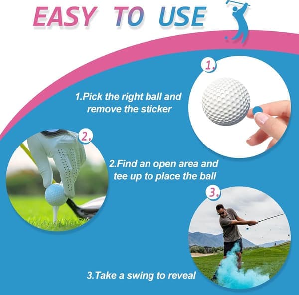 Golfbold til kønslig afsløring, eksploderende golfbolde, 1 lyserød + 1 blå + 2 træpinde, perfekt idé til en kønslig afsløring