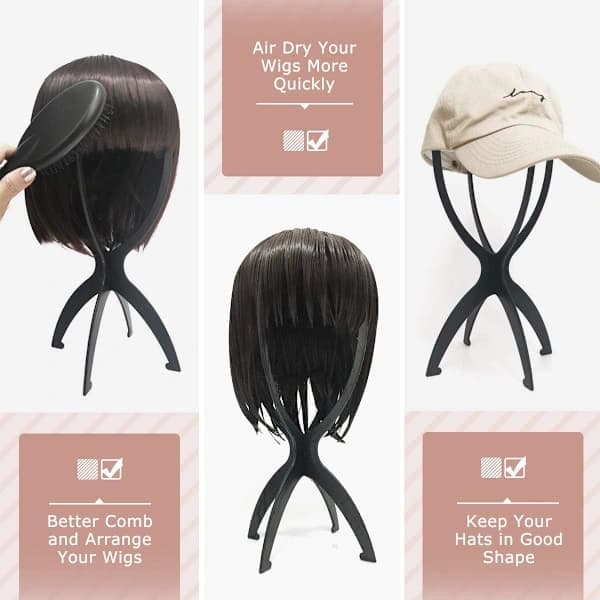 Perukställ, perukhuvudställ för peruker, hopfällbart perukställ, perukdisplayställ, svart, 3-pack