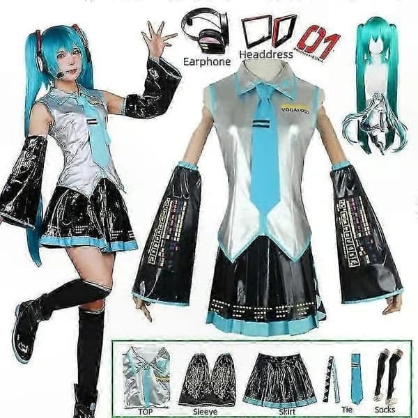 Miku Cosplay Kostymset med Silver Läder Sjömansklänning Endast L