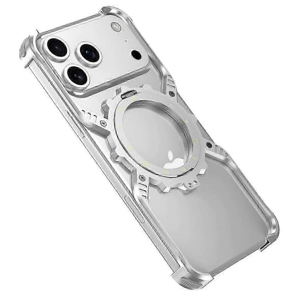 TKdaddy magnetisk deksel til iPhone 17 Pro Max, lysende stativ, aluminiumslegering, X-formet støtfanger, sølv