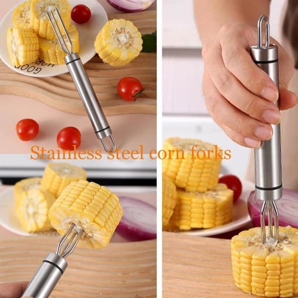 Fire maisgafler i rustfritt stål, ergonomisk utformet for grilling, camping og piknik.