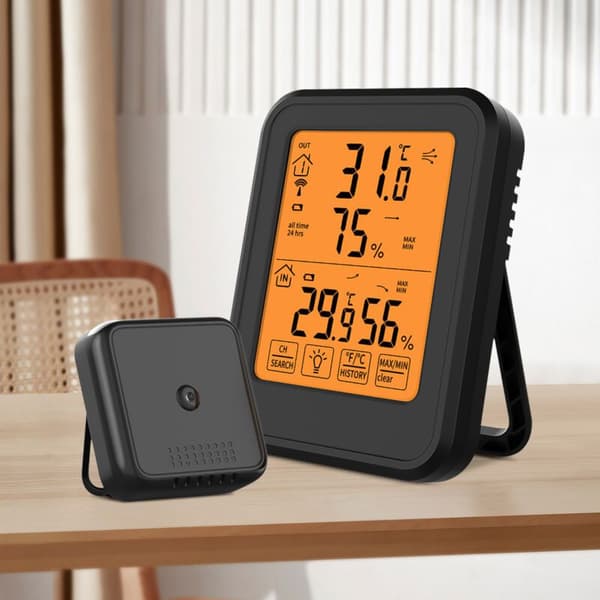 Digitalt termometer hygrometer, innendørs og utendørs termometer hygrometer, med trådløs utendørssensor, LCD-bakgrunnsbelysning ℃/℉