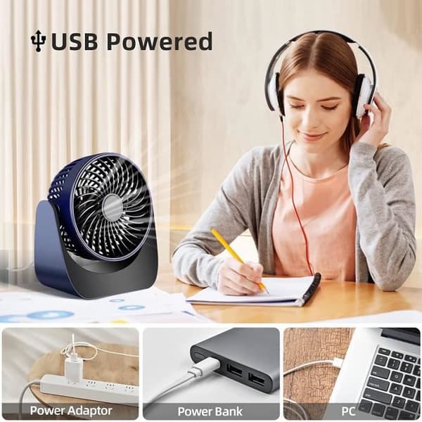 KAKOO USB-blæser - Mini bærbar blæser - 360° rotation - 3 hastigheder - Stille Blue