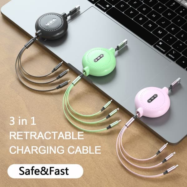 Uttrekkbar Ladekabel, 3 i 1 Multi USB Hurtiglader Co