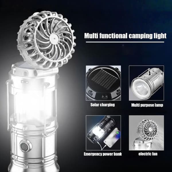 Bærbart solcelle-campinglys med USB-genopladelig ventilator, campingtilbehør, campinglampe, campingventilator, teltlys til camping, sammenkomst