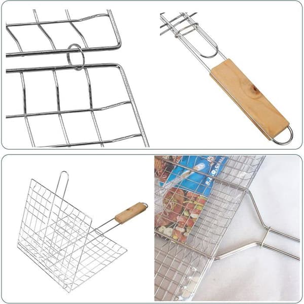 Grillrist - 2 stk. - Rustfrit stål og træ - Sammenklappelig med lås - Til kød og fisk - 20x21,5 cm