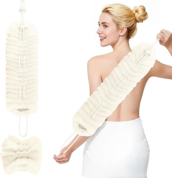 2-in-1 Stretch Bath Sponge & Back Scrubber Long Exfoliating Shower Puff Loofah Strap, Nylon Body Scrubber for Deep Cleaning, with Suction Cup Hook D 1PCS