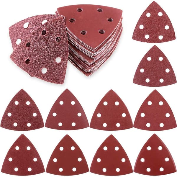 Förpackning med 50 triangulära 90 mm slippapper med kardborre för excenterslip (6 hål)