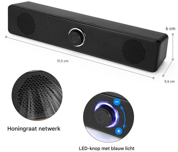 Højttaler - USB Soundbar - Kablet kontrol - Til computer - Stereolyd - Til arbejde og leg - Ingen Bluetooth - Sort - Langt format - 1 stk.