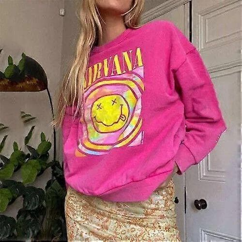 Lady Nirvana Smiley Face Crewneck Sweatshirt Casual hættetrøje Heliconia