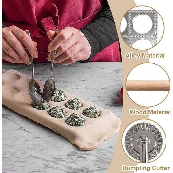 Ravioliform - 5-delt sæt - Aluminium og træ - 12 hulrum - Non-stick - Til dumplings og Gyoza