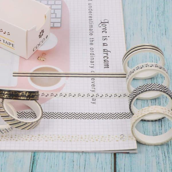 Dekorativ Klæbebånd - 10 Ruller - Sort og Guld Washi Papir - 8mm x 2m - Til Scrapbooking og Håndværk