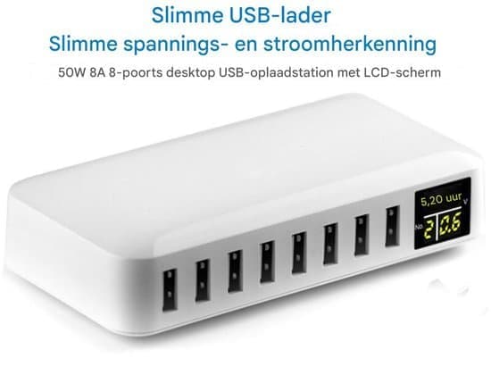 USB-oplader – 8-ports 40W 8A Smart USB-hub med LCD-skærm og 1,2 m strømkabel