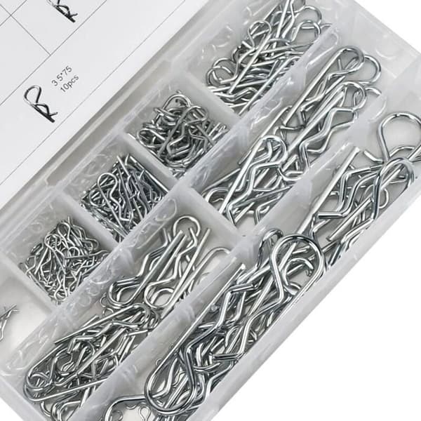 180 stk. splittebolte, 8 størrelser R-clips, låsestifter, R-formede splittebolte, sortimentssæt