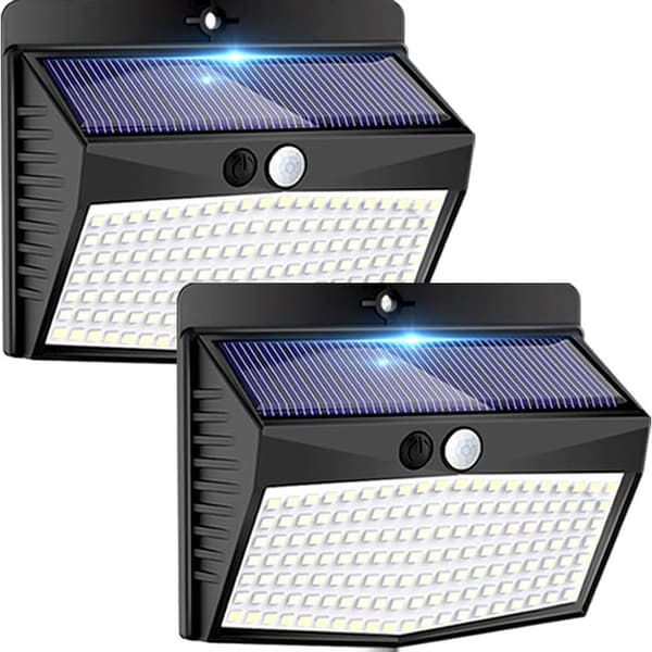 Sett med 2 utendørs solcellelamper, 138 LED utendørs solcellelamper med bevegelsessensor, vanntett, 3 moduser, solcelle utendørs spotlys