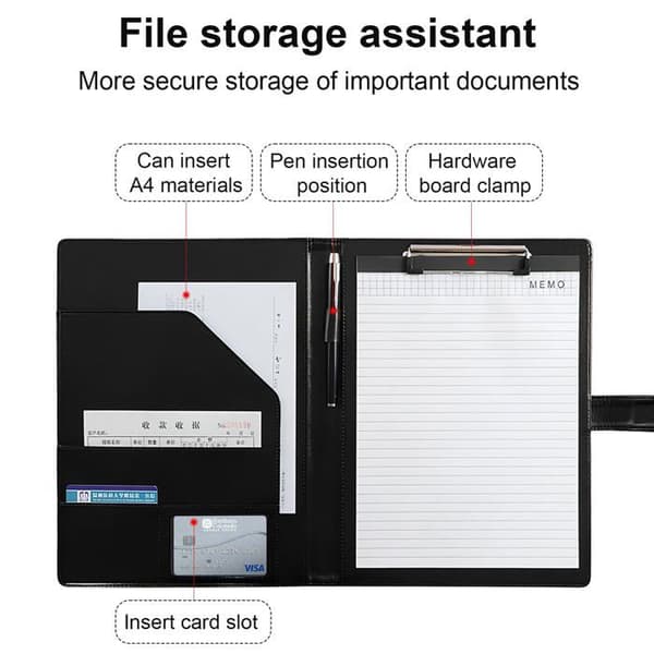 A4 Magnetisk PU Clipboard, Sort - 1, Sort, A4, Professionel Konference Pen- og Dokumentholder, Dokumentholder