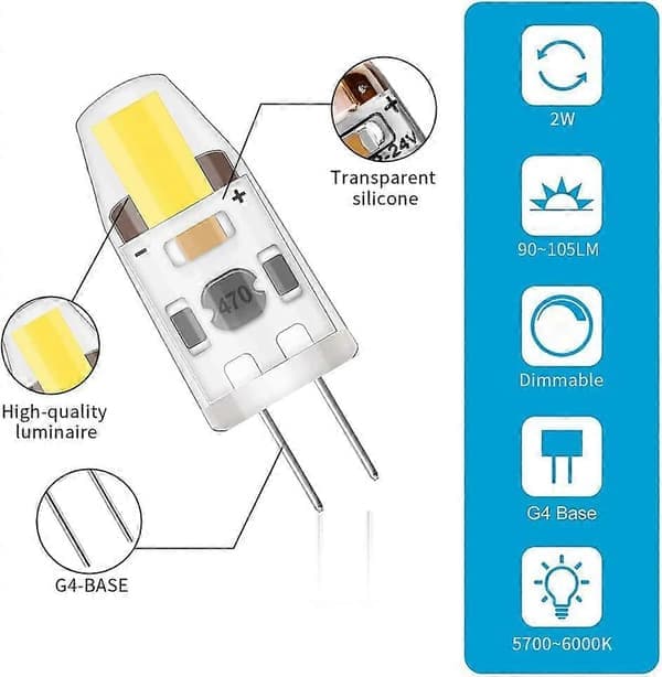 G4 LED-lampa – 10-pack dimbar kallvit 2W motsvarande 20W halogen – AC/DC 12V-24V