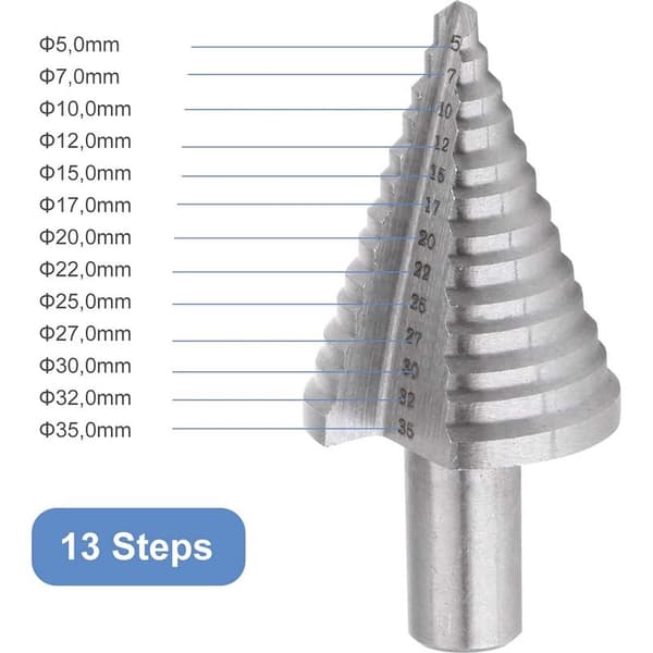 HSS Trinbor, Dobbelt Riflet Konisk Trinbor (5mm-35mm) med Titaniumbelægning, Solid, Perfekt til Boring i Stål, Træ