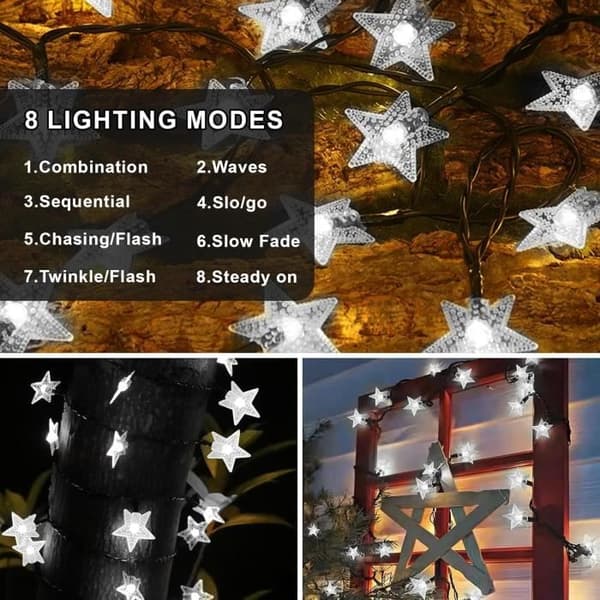 Lyslenke - Stjerner - Solcelledrevet - 14M - 120 LED - 8 Lysmoduser - Kjølig Hvit