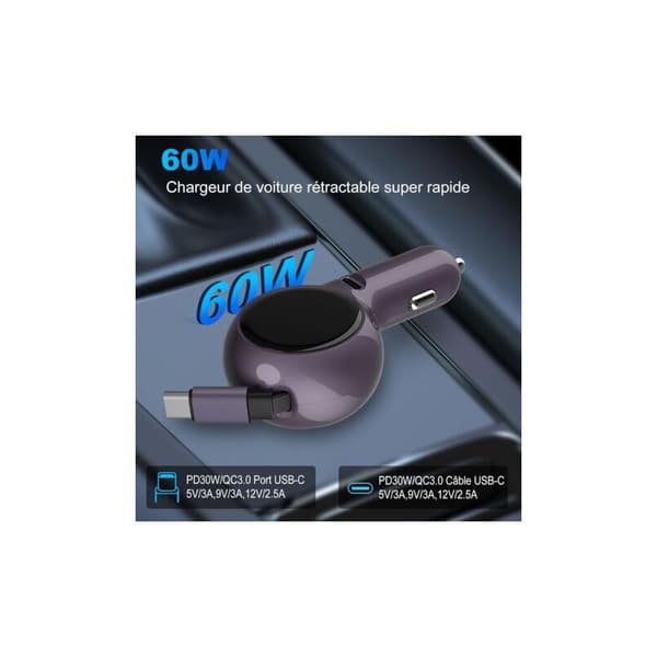 Uttrekkbar billader, 2-i-1 60W USB-C billader, hurtigladende USB billader