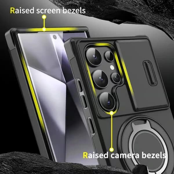 Samsung Galaxy S24 Ultra 5G Cover med Skydbar Kamerabeskyttelse og Ringholder Sort Svart