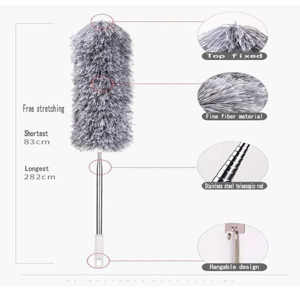 Teleskopisk støvkost i rustfrit stål med teleskopstang, mikrofiber, støvmoppe, støvbørste