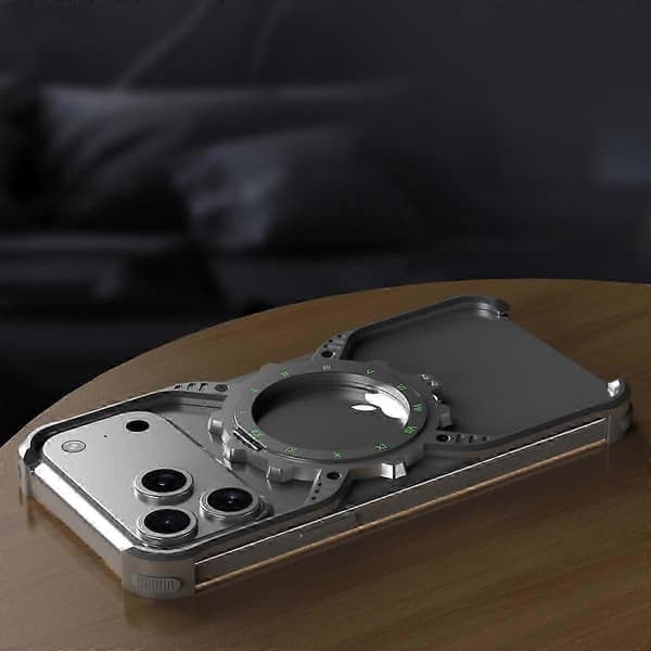 TKdaddy magnetisk deksel til iPhone 17 Pro Max, lysende stativ, aluminiumslegering, X-formet støtfanger, sølv