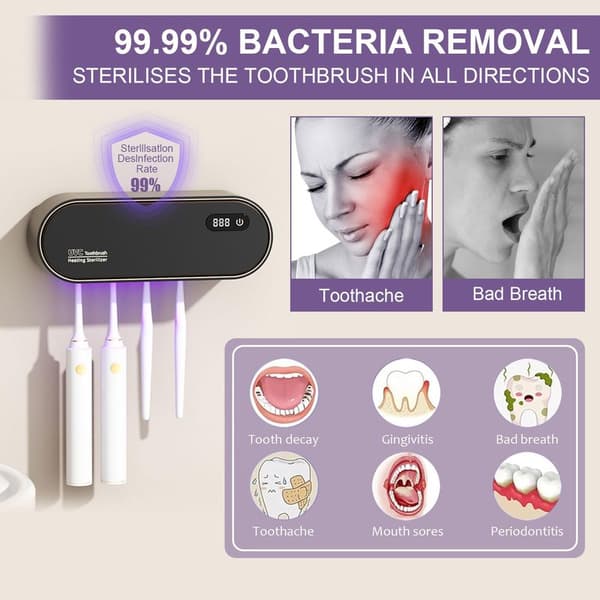 UV-sanitizer tandbørsteholder – 1800mAh genopladelig med tørring & timer, 4 pladser – Sort