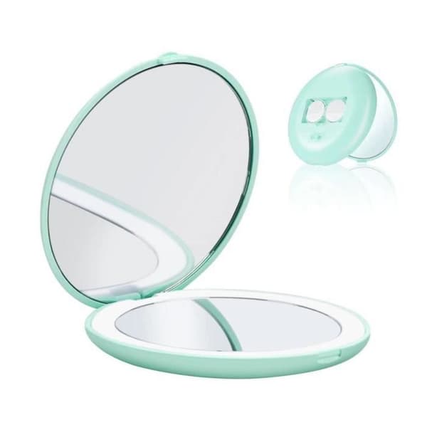 Mini foldespejl med lys og 2x forstørrelse til makeup og rejser - Mærke - Model - Farve: Grøn