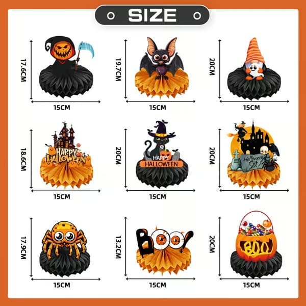 Halloween-prydnad med spindel, spöke, pumpa och fladdermus i bikakepapper