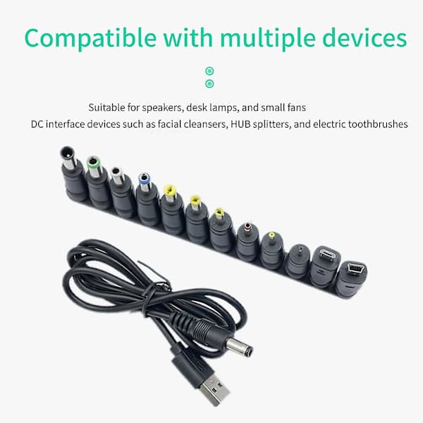 5V USB til DC5521 strømforsyningskabel støtter lading, inkluderer 12 tilkoblingstips