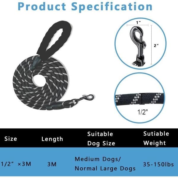 Hundebånd - 3m x 1.2cm - Reflekterende - Nylon - For mellomstore og store hunder
