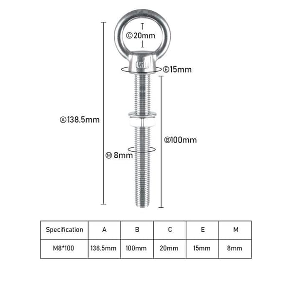 M10 Øjebolt - Pakke med 4 - 304 Rustfrit Stål - Kraftig Fastgørelse - Udvendig og Indvendig - 100mm
