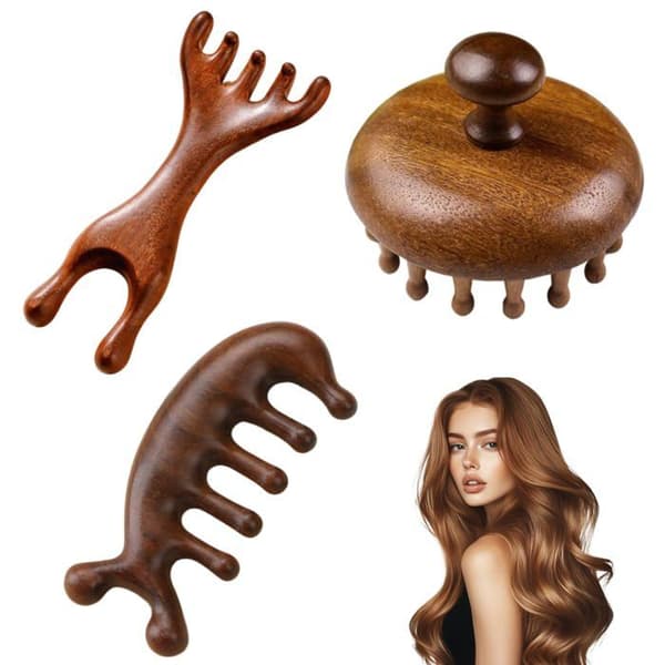 Sandeltra Hovedbundsmassagebørste - Sæt med 3 Naturlige - Hårmassager til Hjemmet