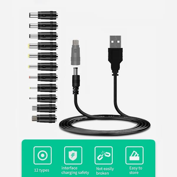 5V USB-DC5521-virtajohto tukee latausta, sisältää 12 liitäntäkärkeä