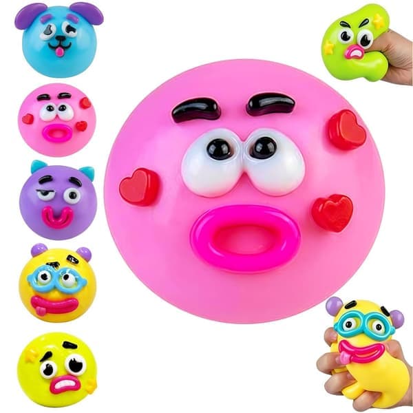 A quirky, rainbow-colored squeeze toy with a slow rebound mechanism;