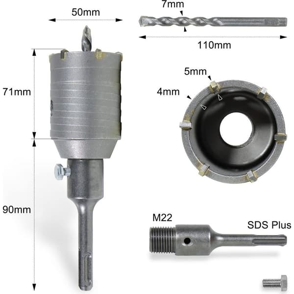50 mm hulsav – 8x110 mm bor – SDS Plus adapter – Til beton og murværk – Rent og præcist snit