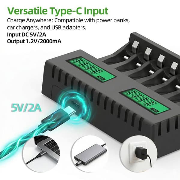 Genopladelig batterioplader til 8 AA/AAA-slots - USB-C LCD-skærm - Smart hurtigopladning til Ni-MH 1.2V