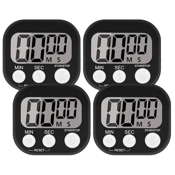 Sett med 4 magnetiske kjøkkentimere, høy alarm, stor LCD-skjerm, timer for barn, studier og matlaging