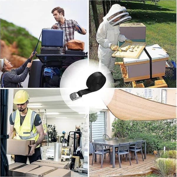 4-pack 2,5 cm x 2 m Spännband med spänne Fästremmar - Svart - maximal belastning 250 kg